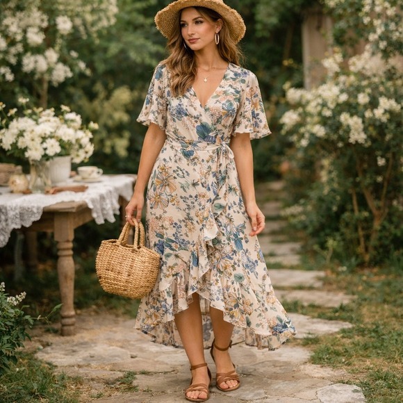 Dress Forum Dresses & Skirts - Dress Forum Floral Wrap Maxi Dress Flutter Sleeve Tan Blue Size M Flowy Romantic